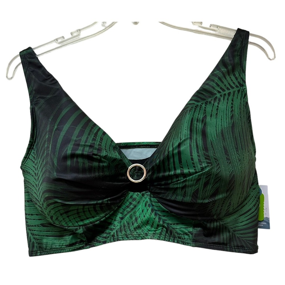 Women's Plus Size Swim By Cacique Green Black Palm Tree Bikini Top Size 44DD NEW